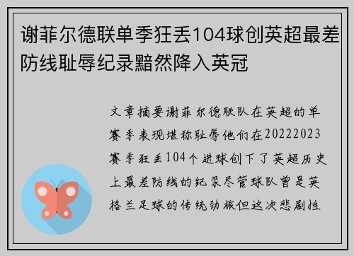 谢菲尔德联单季狂丢104球创英超最差防线耻辱纪录黯然降入英冠