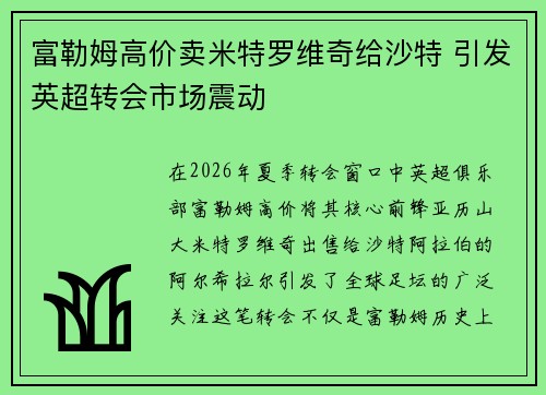 富勒姆高价卖米特罗维奇给沙特 引发英超转会市场震动 富勒姆高价卖米特罗维奇给沙特 引发英超转会市场震动
