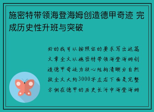 施密特带领海登海姆创造德甲奇迹 完成历史性升班与突破